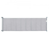 Gray retractable baby gate with mesh design, suitable for stairs and pets, 116 inches wide.