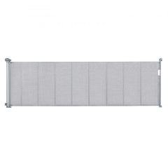 Gray retractable baby gate with mesh design, suitable for stairs and pets, 116 inches wide.