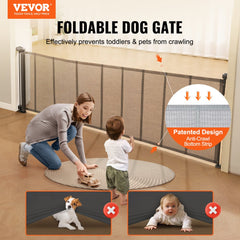 Gray retractable baby gate with mesh design, 116 inches wide, for stairs and pets.
