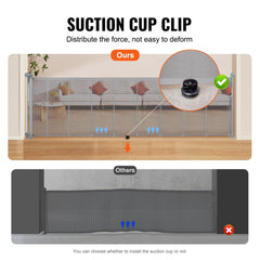 Gray retractable baby gate with mesh design, 116 inches wide for stairs and pets.