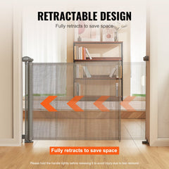 Gray retractable baby gate with mesh design, suitable for stairs and pets, 116 inches wide.