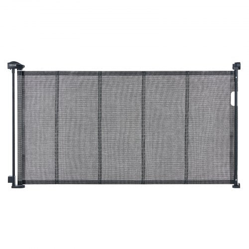Black retractable baby gate with 60-inch wide mesh, designed for stairs and pets.