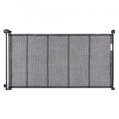 Black retractable baby gate with 60-inch wide mesh, designed for stairs and pets.