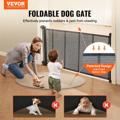 Black retractable baby gate with 60-inch wide mesh for stairs and pets.