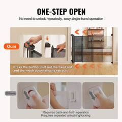 Black retractable baby gate with 60-inch wide mesh for stairs and pets.