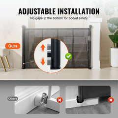 Black retractable baby gate with 60-inch wide mesh for stairs and pets.