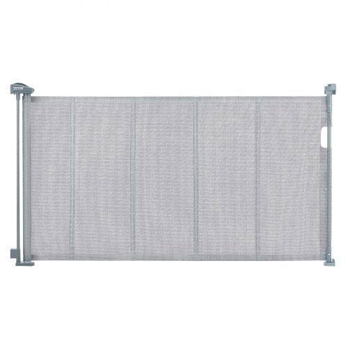 Gray retractable mesh baby gate, 34.2 inches tall, extends to 60 inches wide.