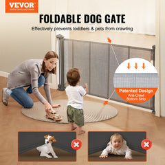 34.2-inch tall gray retractable mesh baby gate extending to 60 inches with anti-crawl strip.