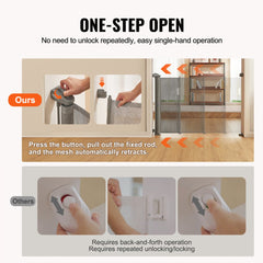 Gray 34.2-inch tall retractable mesh baby gate extending to 60 inches with one-step open mechanism.