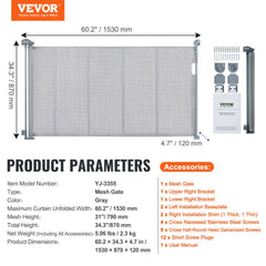 Gray retractable mesh baby gate, 34.2 inches tall, extends to 60 inches wide.
