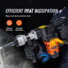 Bostome 1400W electric demolition jack hammer with two chisel bits and shock-absorbing handle.