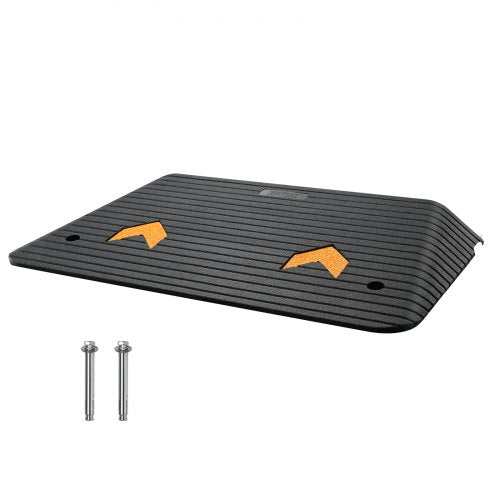 Black 3.5-inch rubber threshold ramp with orange non-slip arrows and cable channel, includes mounting screws.