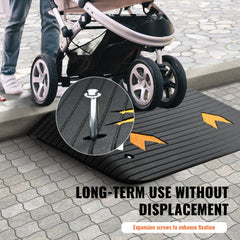 A woman pushes a stroller over a black 3.5-inch rubber threshold ramp with non-slip surface and cable channel.