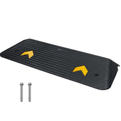 Black 1.5-inch rubber threshold ramp with yellow non-slip arrows and mounting screws.
