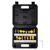 15-piece carbide router bit set with 1/4" shank, stored in a durable plastic case.