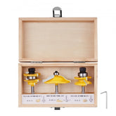 3-piece yellow carbide router bits with 1/4-inch shanks in an open wooden case.