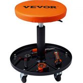 Bostome adjustable rolling creeper seat stool with tool tray and pneumatic height adjustment.
