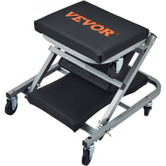 Rolling mechanic stool with padded vinyl cushions and 360° casters for easy mobility.