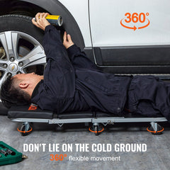 Rolling mechanic stool with padded seat, headrest, and six 360° casters for mobility.