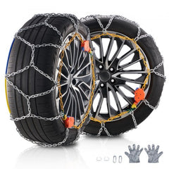 Bostome auto tightening snow chains made of manganese steel with a diamond mesh design.
