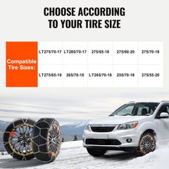 Bostome auto tightening snow chains made of manganese steel with a diamond pattern for traction.