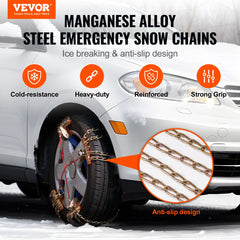 Bostome 16-piece manganese steel snow chains on a car tire, showing anti-slip design and cold resistance.