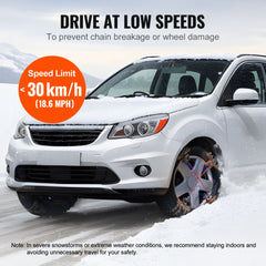 White SUV with Bostome manganese steel snow chains fitted on front tire in snowy conditions.