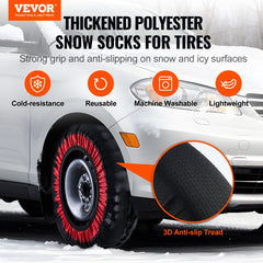 Extra large polyester fiber snow socks for tires with anti-slip woven patterns.