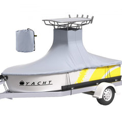 Gray heavy duty Bostome T-Top boat cover for 18.5-20ft boats with snug-fit elastic hem.