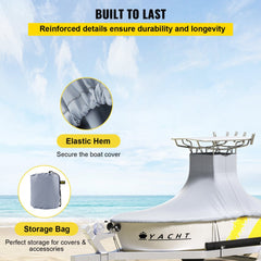 Gray heavy duty Bostome T-Top boat cover for 18.5-20ft boats with elastic hem and support poles.
