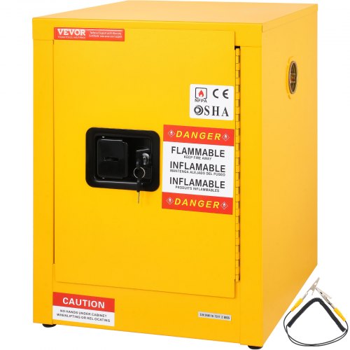 Yellow galvanized steel flammable storage cabinet with OSHA labels, lock, vents, and grounding wire.