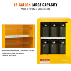 Yellow 12-gallon galvanized steel flammable storage cabinet with adjustable shelf and six chemical containers.
