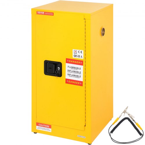 Yellow 16-gallon galvanized steel flammable safety cabinet with adjustable shelves, lock, and grounding wire.