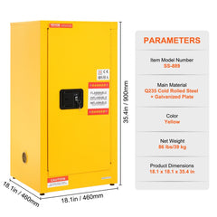 Yellow 16-gallon galvanized steel flammable safety cabinet with adjustable shelves and lock.