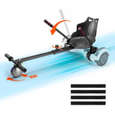 Adjustable go-kart seat attachment for hoverboards, featuring sturdy metal construction and easy controls.