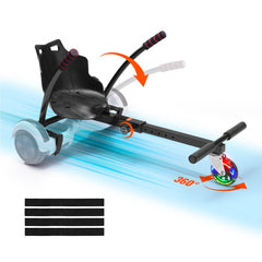 Bostome hoverboard seat attachment with adjustable frame and 360° rotating wheels for stability.