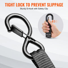 Bostome ratchet tie down straps in a 4-pack with S-hooks and ergonomic handles for secure transport.