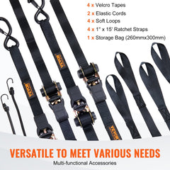 Bostome ratchet tie down straps in a 4-pack with black hooks and reinforced stitching.