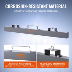 Gray steel hanging magnetic sweeper with aluminum frame, handles, and eyebolts for industrial debris pickup.