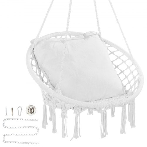 Macramé hanging chair with a cushion, featuring a sturdy frame and woven mesh ropes.