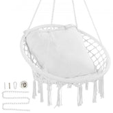Macramé hanging chair with a cushion, featuring a sturdy frame and woven mesh ropes.