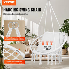 Macramé hanging chair with a cushion, featuring woven mesh ropes and a sturdy steel frame.