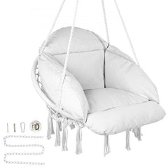 White macramé hanging swing chair with plush cushion and hanging hardware.