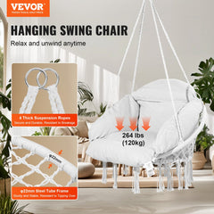 White macramé hanging swing chair with a cushion, showing a 264 lb weight capacity.