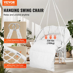 Bostome macrame hammock chair in beige with cushion, designed for indoor and outdoor use.