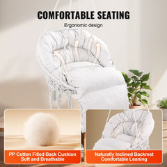 Beige macrame hammock chair with cushion, suitable for indoor and outdoor use.