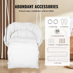 Beige macrame hammock chair with cushion, featuring a reinforced steel frame and woven mesh ropes.