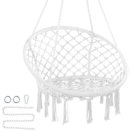 Bostome Macrame Hammock Swing Chair with tassels, steel frame, and woven mesh ropes.