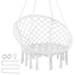 Bostome Macrame Hammock Swing Chair with tassels, steel frame, and woven mesh ropes.