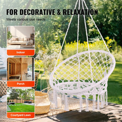 Bostome Macrame Hammock Swing Chair with woven mesh ropes and tassel details in boho style.